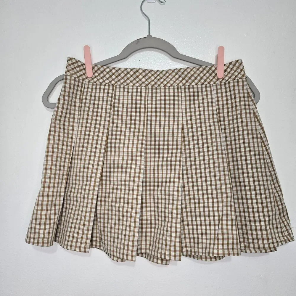 ELODIE Women's Size Medium Pleated Mini Skirt Clay Plaid Stretchy - Picture 2 of 7
